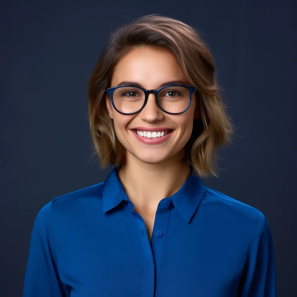 Portrait of the young woman Erika Marin, client, CEO of RizeupIV, wearing glasses and a blue shirt - Testimonials Cordego Ltd.