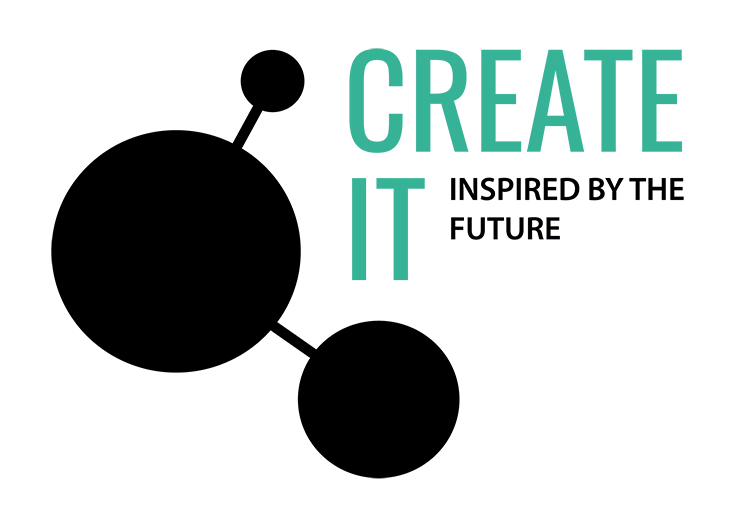 Create IT logo, text is in mint green and black colour, atomic shape in black colour next to the text, transparent background