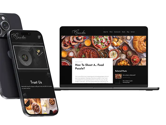 Macbook showing home page of Sandra Food Studio website, the banner photo shows delicious food, black iPhone 14 PRO mockup shows mobile version of Sandra's website, background is transparent