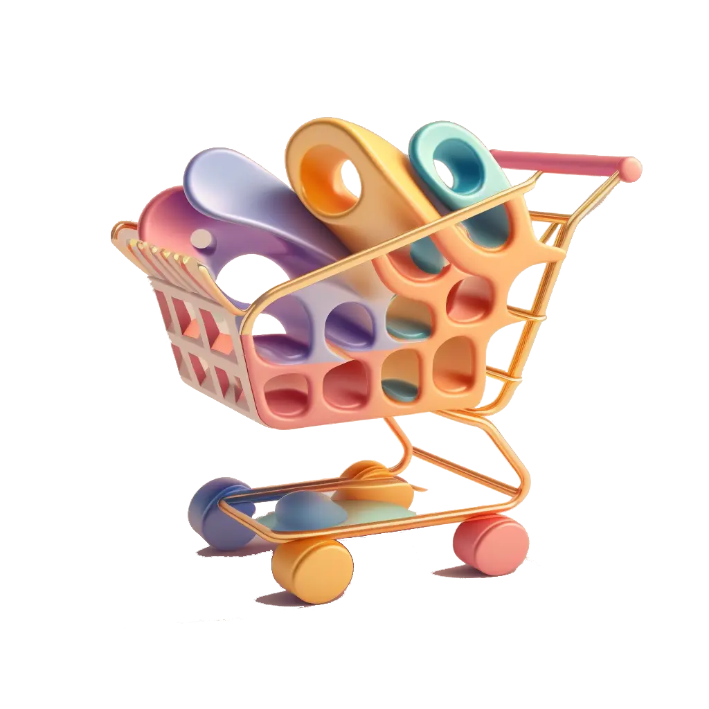 3D colourful shopping cart in pink, orange, yellow, purple and blue, blog page, eCommerce