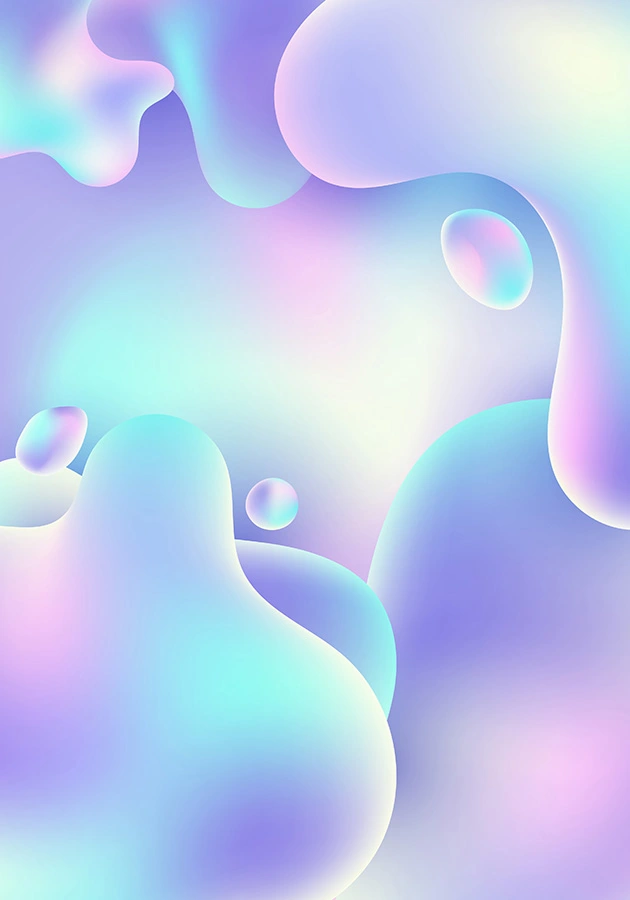 holographic home page background, 3D shapes in blue, purple, pink, and white colour