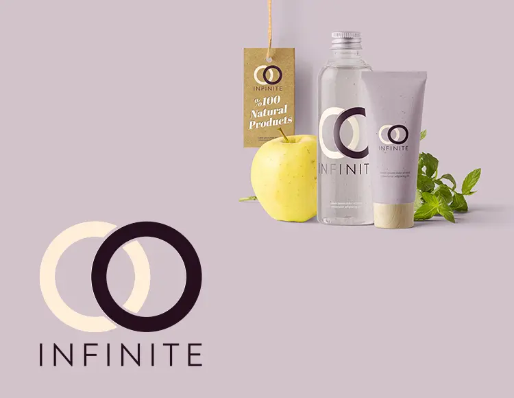 Light purple background colour, Infinite logo has one white and one deep purple circle, 100% Natural products are shown next to the logo
