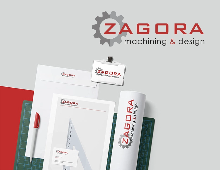 Zagora logo text is in red colour, merchandising products on grey background